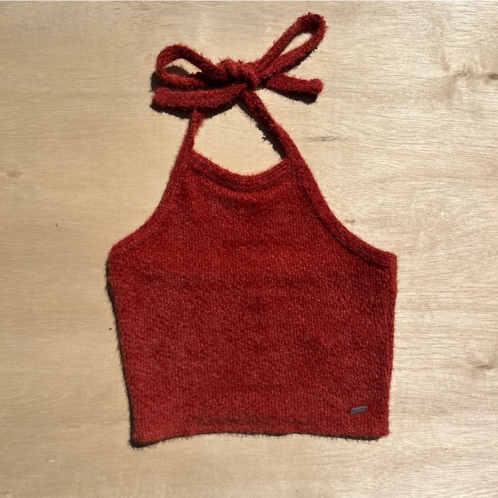 Hollister XS knit Fuzzy Halter Tie Top Orange Red women’s cropped